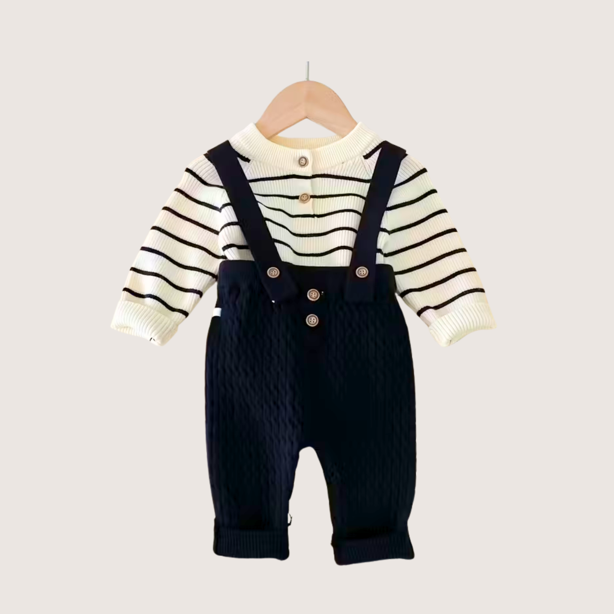 Autumn Baby Sweater and Suspender Pants Set – Striped Knit Top with Button Detail, Two-Piece Outfit for Boys & Girls