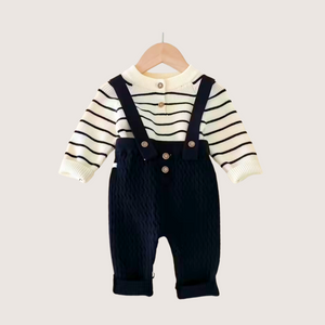Autumn Baby Sweater and Suspender Pants Set – Striped Knit Top with Button Detail, Two-Piece Outfit for Boys & Girls