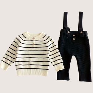 Autumn Baby Sweater and Suspender Pants Set – Striped Knit Top with Button Detail, Two-Piece Outfit for Boys & Girls