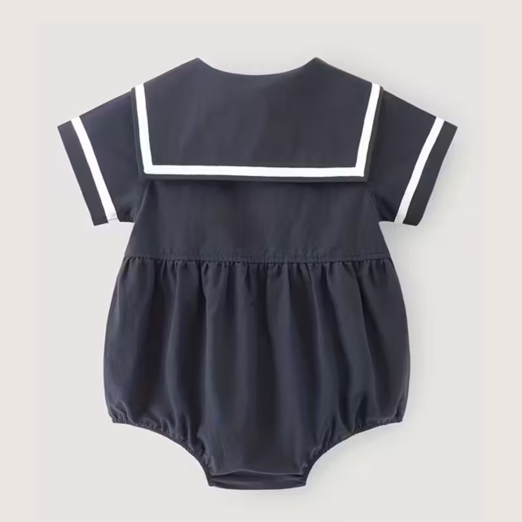 Navy Sailor-Inspired Baby Girl Cotton Romper – Summer Classic with Bow Detail