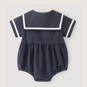 Navy Sailor-Inspired Baby Girl Cotton Romper – Summer Classic with Bow Detail