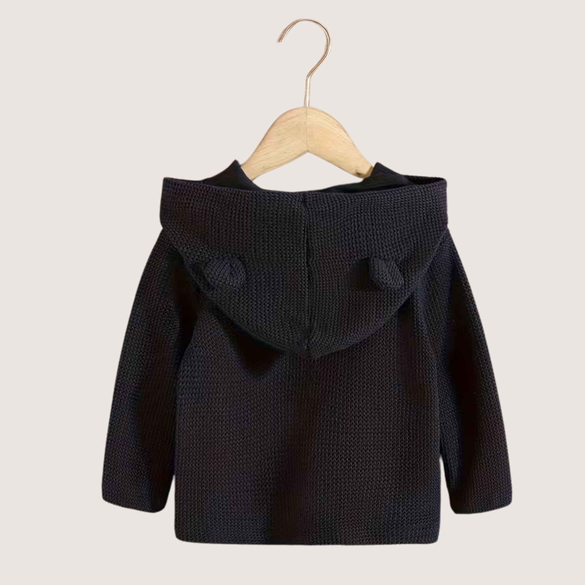 Babys Knitted Hooded Jacket – Navy Blue Cotton Blend with Wooden Buttons
