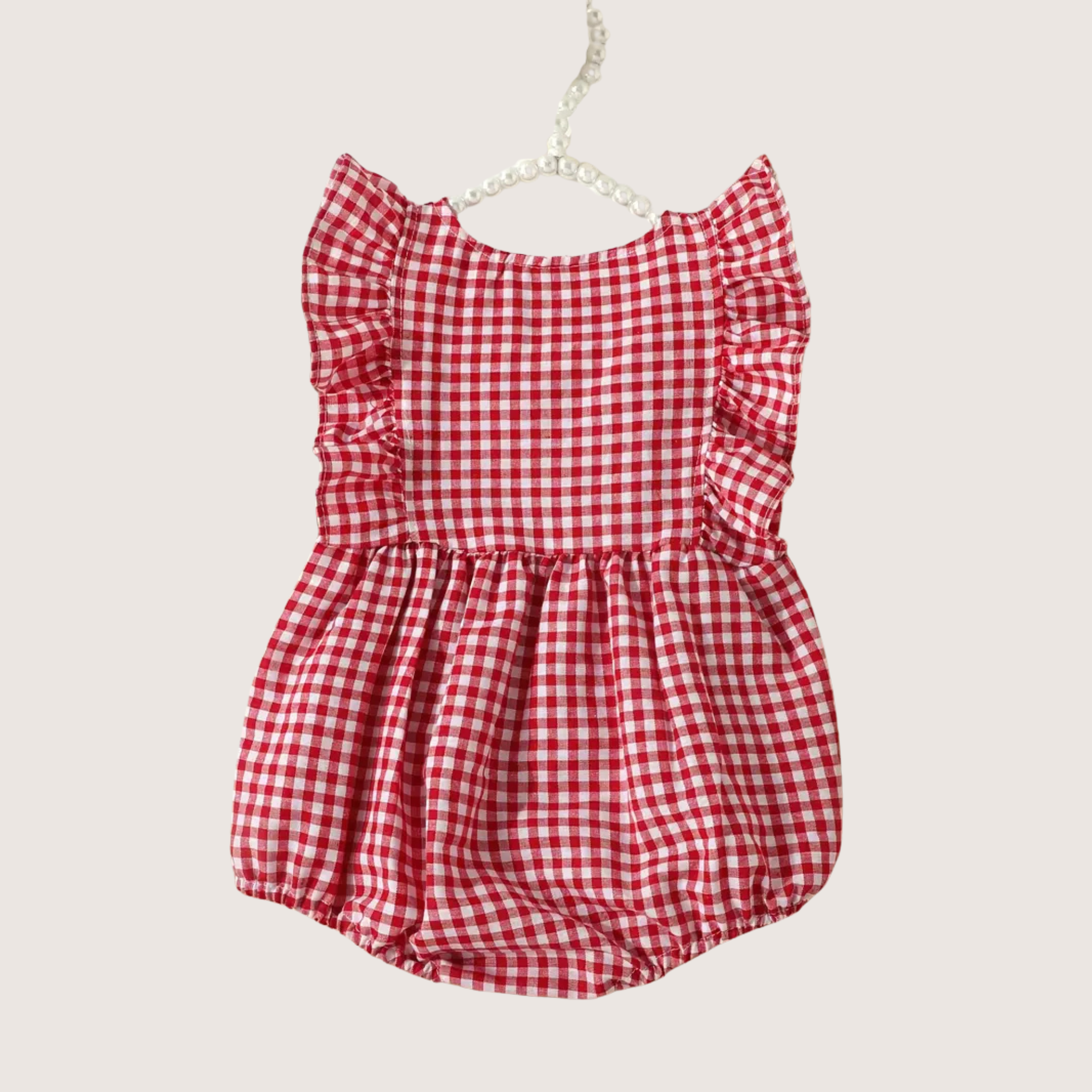 Back button gingham romper for baby girls with pleats