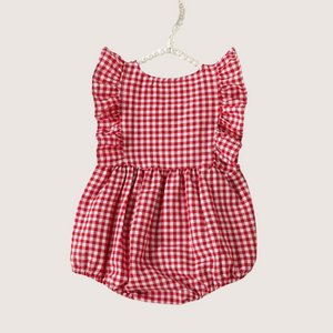 Back button gingham romper for baby girls with pleats