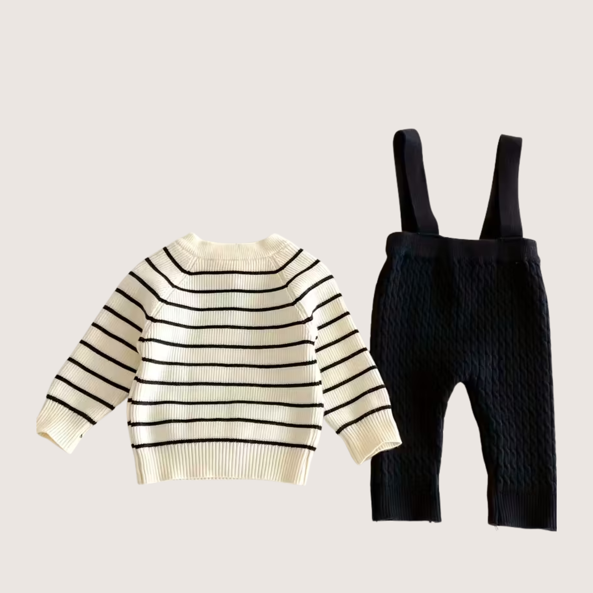 Autumn Baby Sweater and Suspender Pants Set – Striped Knit Top with Button Detail, Two-Piece Outfit for Boys & Girls