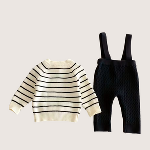 Autumn Baby Sweater and Suspender Pants Set – Striped Knit Top with Button Detail, Two-Piece Outfit for Boys & Girls