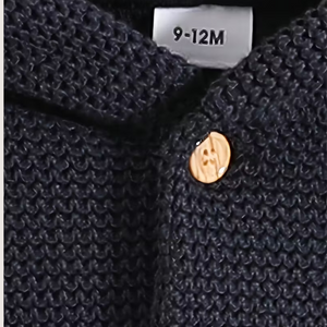 Babys Knitted Hooded Jacket – Navy Blue Cotton Blend with Wooden Buttons