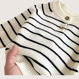 Autumn Baby Sweater and Suspender Pants Set – Striped Knit Top with Button Detail, Two-Piece Outfit for Boys & Girls
