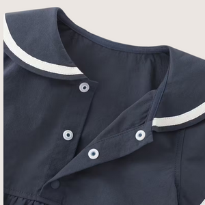 Navy Sailor-Inspired Baby Girl Cotton Romper – Summer Classic with Bow Detail