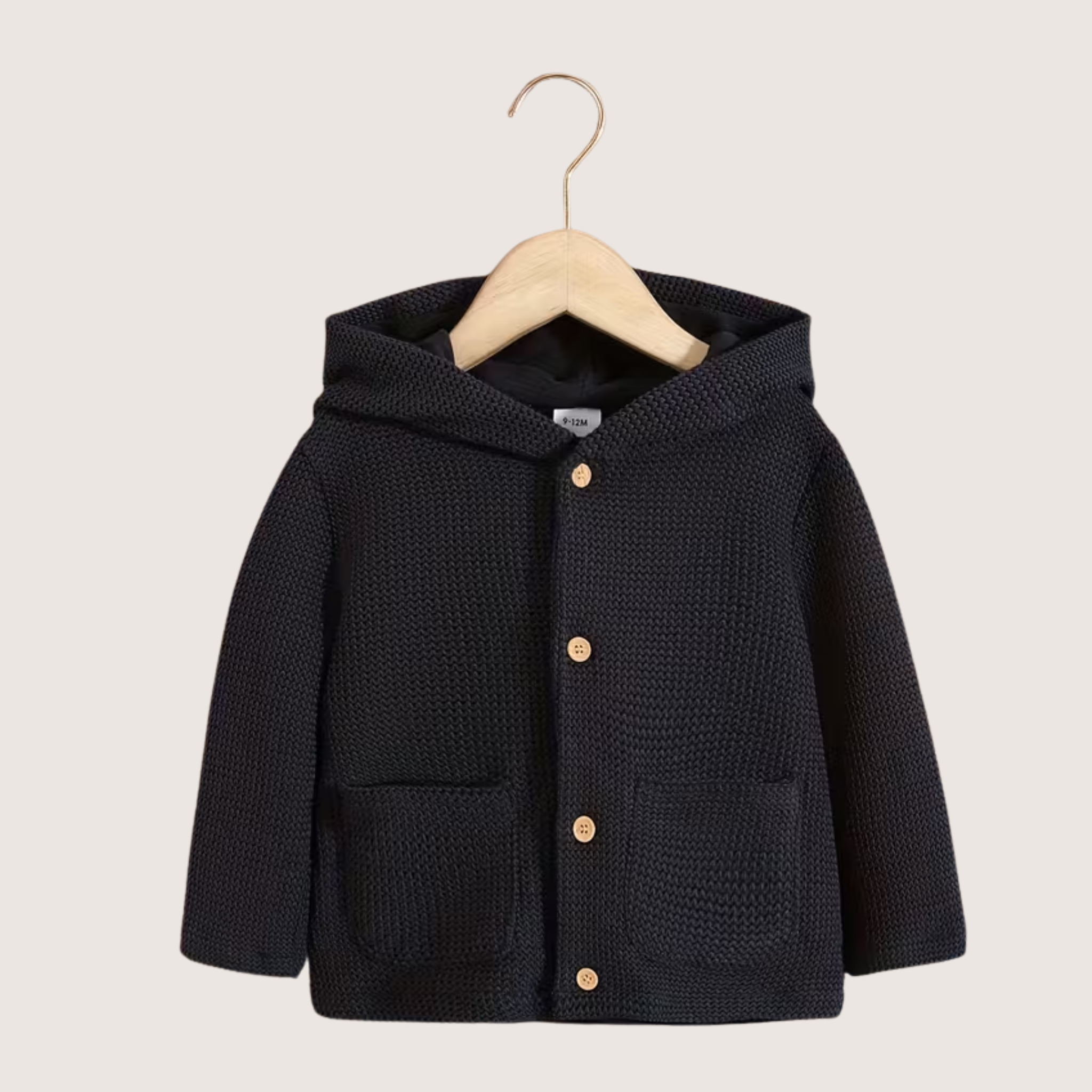 Babys Knitted Hooded Jacket – Navy Blue Cotton Blend with Wooden Buttons