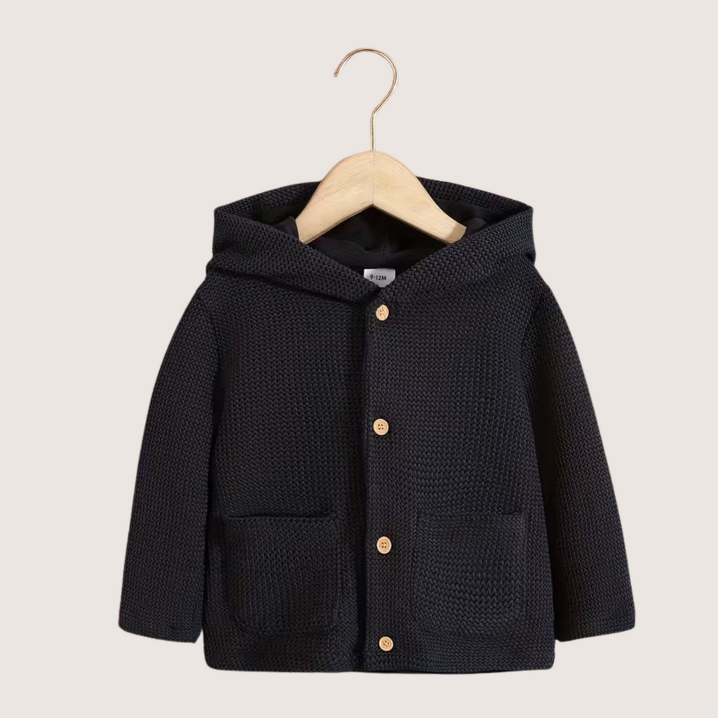 Babys Knitted Hooded Jacket – Navy Blue Cotton Blend with Wooden Buttons - Emilie Bramly
