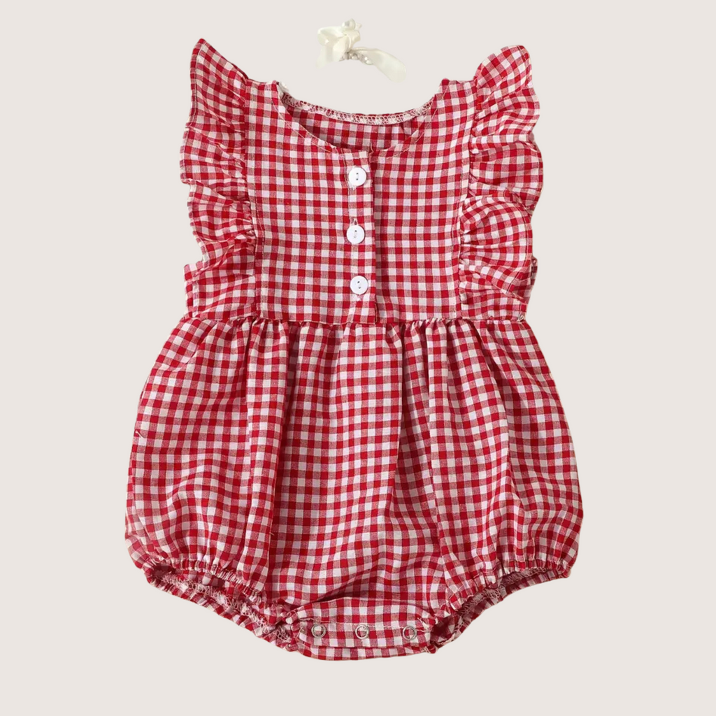 Sleeveless baby romper in red and white checks, summer style