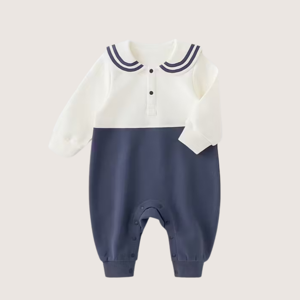 Elegant Baby Sailor Romper – Nautical Charm in White & Navy - Emilie Bramly