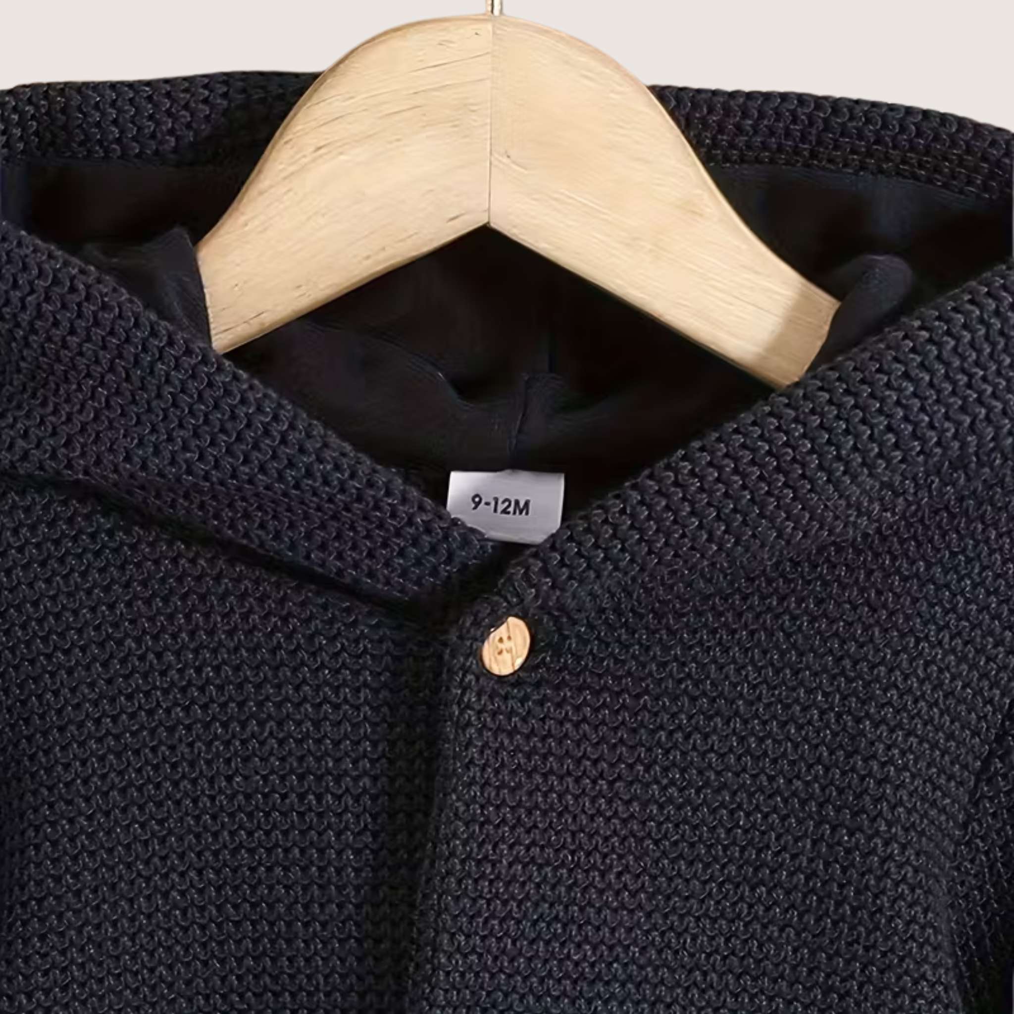 Babys Knitted Hooded Jacket – Navy Blue Cotton Blend with Wooden Buttons