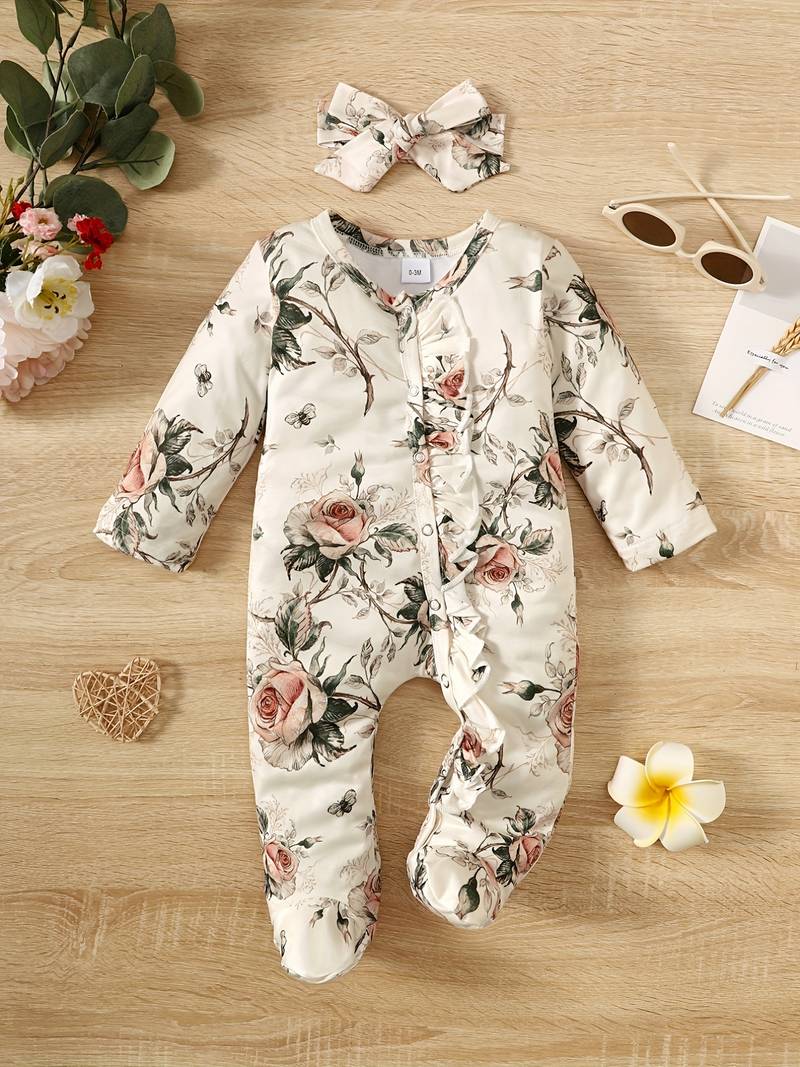 Baby Girl Floral Romper with Ruffles & Headband – Long Sleeve One-Piece with Feet