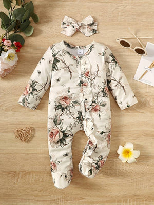 Baby Girl Floral Romper with Ruffles & Headband – Long Sleeve One-Piece with Feet