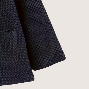 Babys Knitted Hooded Jacket – Navy Blue Cotton Blend with Wooden Buttons