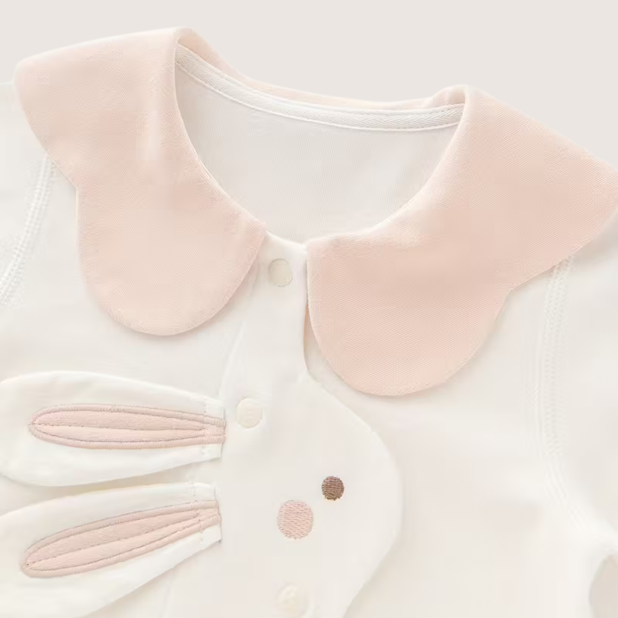 Baby Girl Bunny Romper – Ruffled Collar, Button Front, Soft Pink & White Cotton - Emilie Bramly