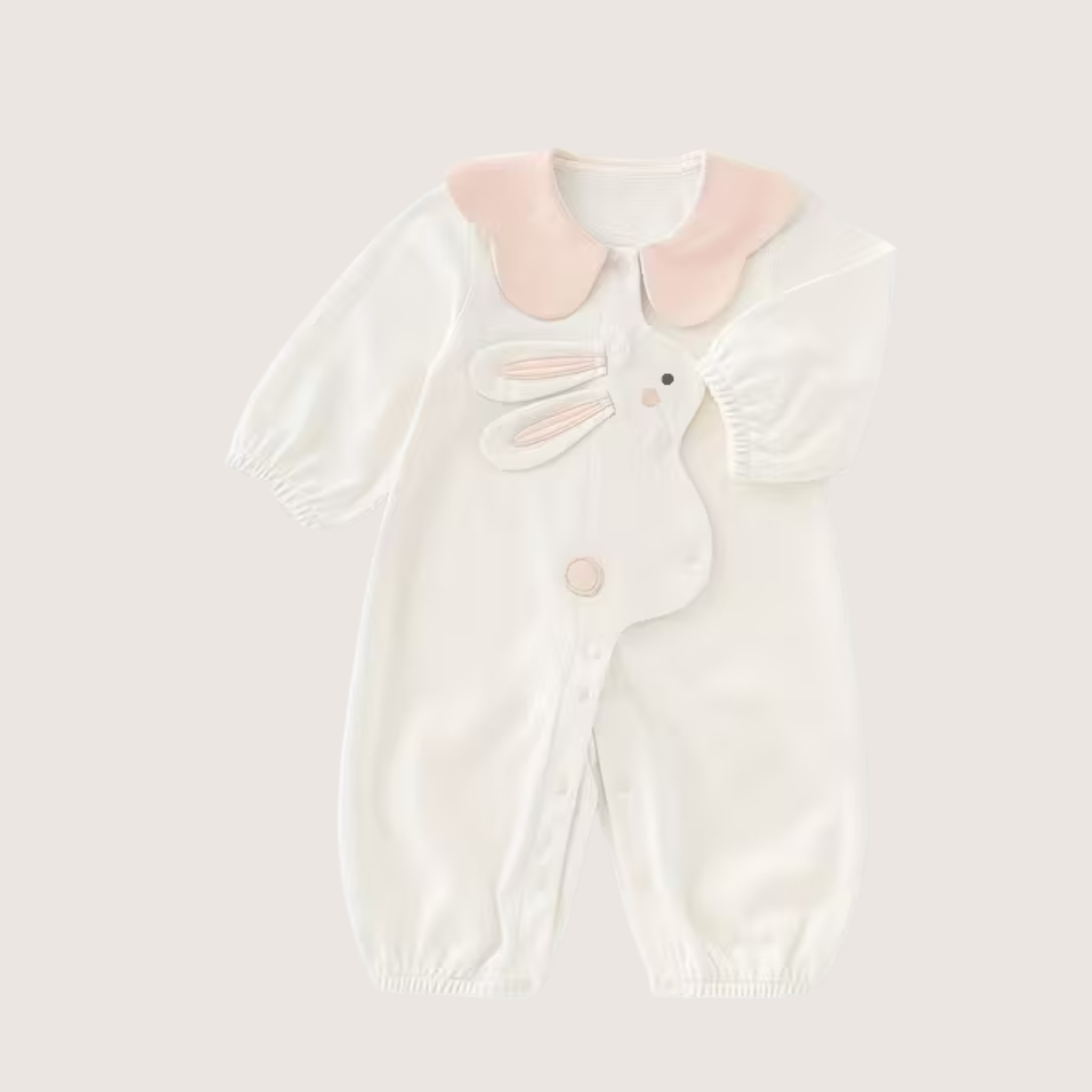 Baby Girl Bunny Romper – Ruffled Collar, Button Front, Soft Pink & White Cotton - Emilie Bramly