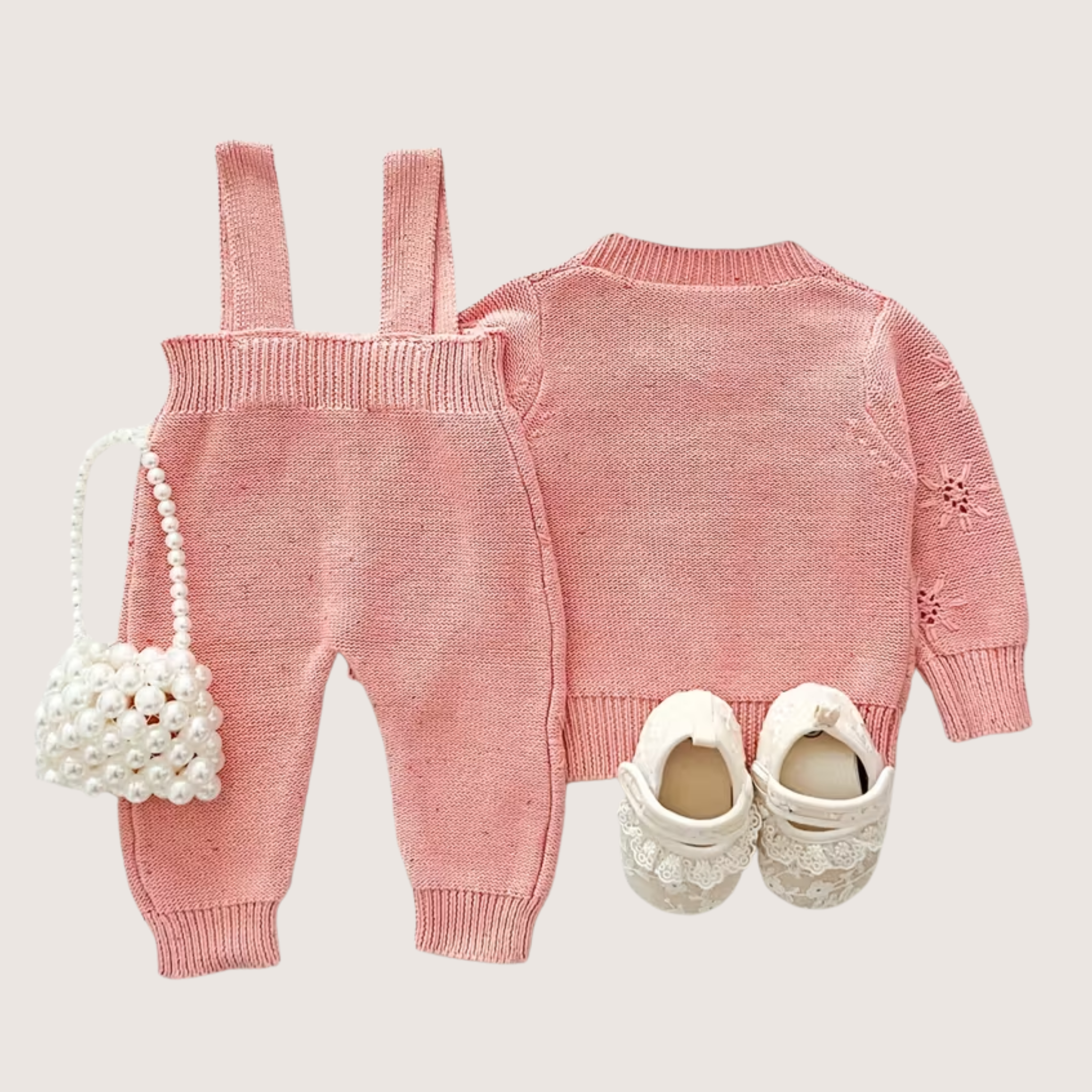 Two-Piece Baby Girl Knit Set – Soft 100% Cotton Sweater & Suspender Pants