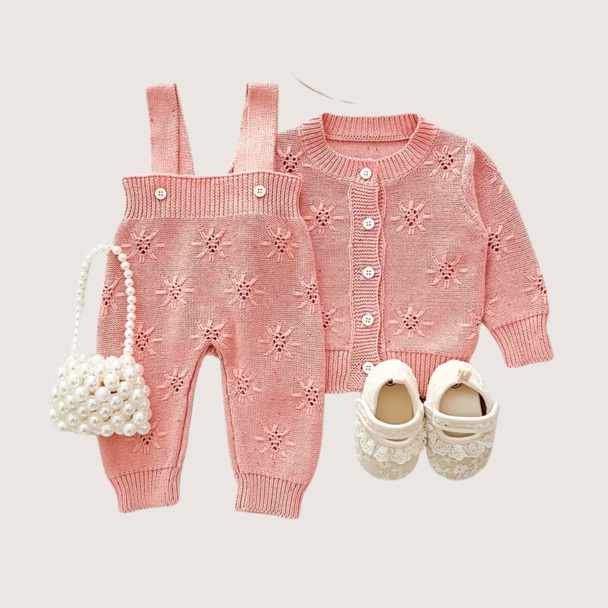 Two-Piece Baby Girl Knit Set – Soft 100% Cotton Sweater & Suspender Pants