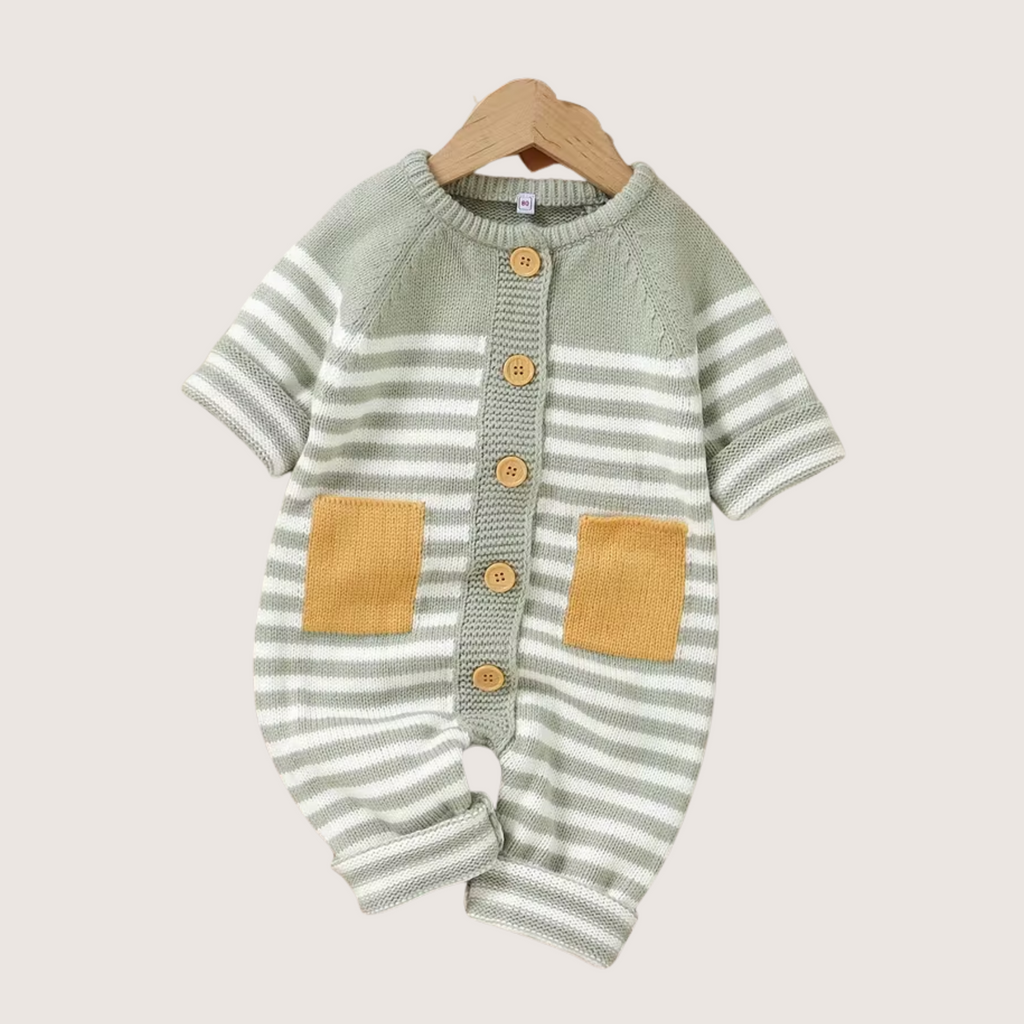 Striped Knit Romper with Contrast Pockets, Soft Winter Essential - Emilie Bramly