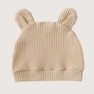 Beige ribbed baby hat with 3D bear ears for infants