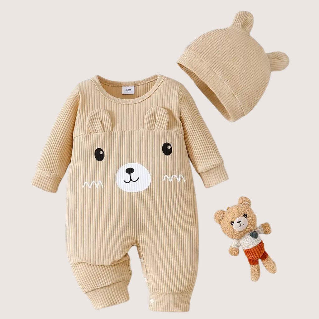 Unisex baby romper with bear face print and matching hat – front view
