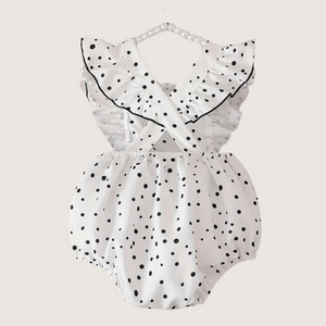 Baby girl romper with ruffled sleeves and polka dot design, back view