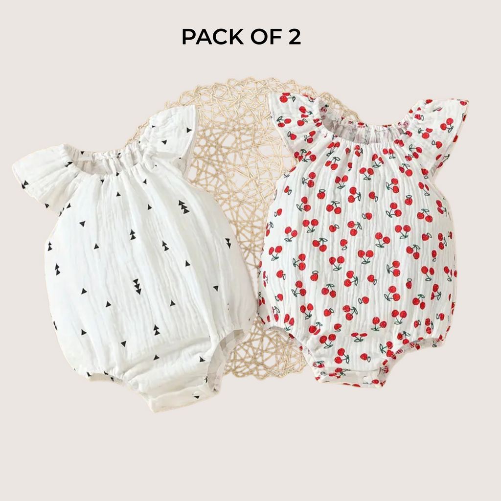 Pack of 2 Baby Girl Summer Rompers – Cherry & Triangle Print