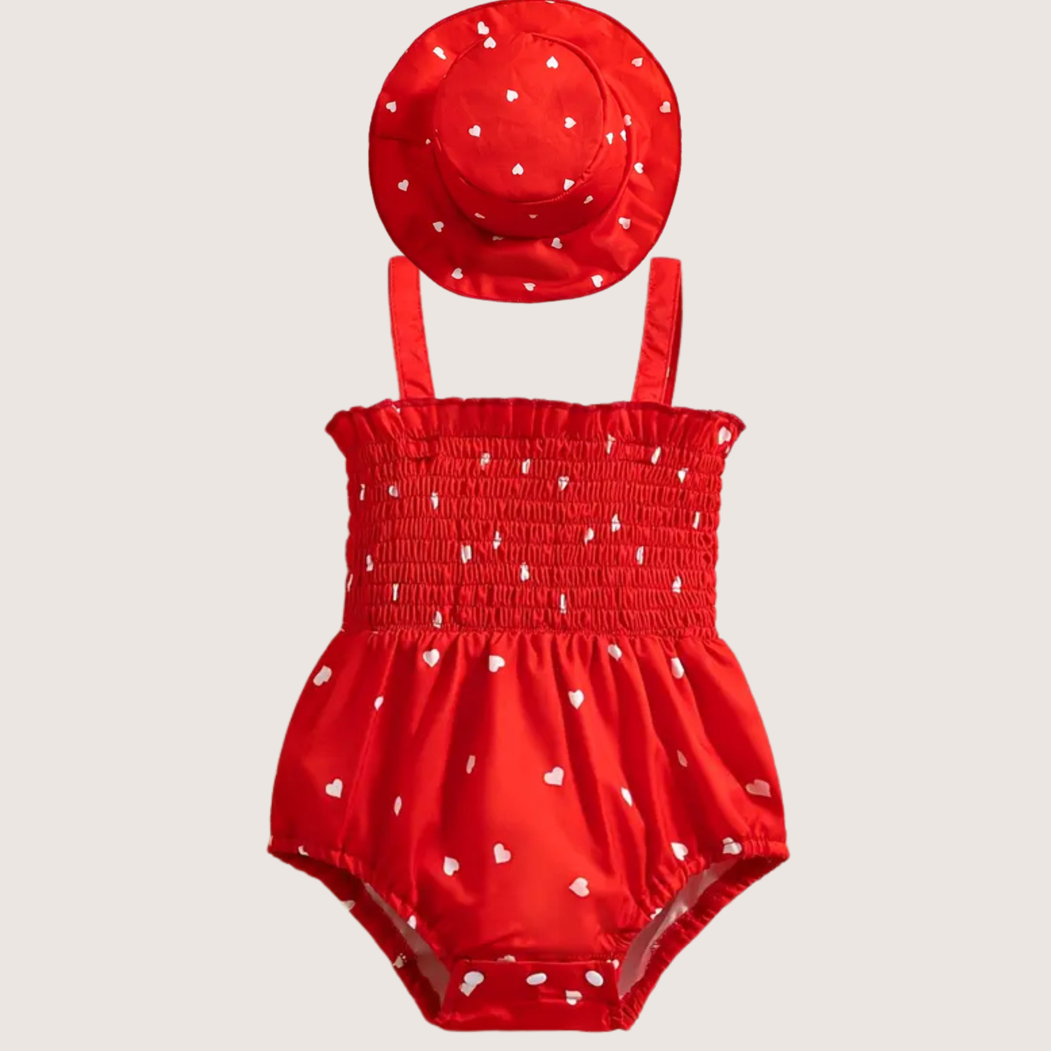 Baby Girl Summer 2-Piece Set – Heart Print Smocked Romper with Matching Sun Hat (0–2 Years)