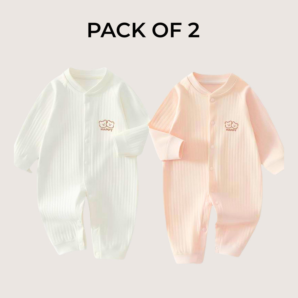 Baby Onesies Set of 2 – White & Pink Cotton One-Piece with Happy Bear Pattern