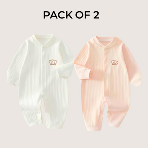 Baby Onesies Set of 2 – White & Pink Cotton One-Piece with Happy Bear Pattern