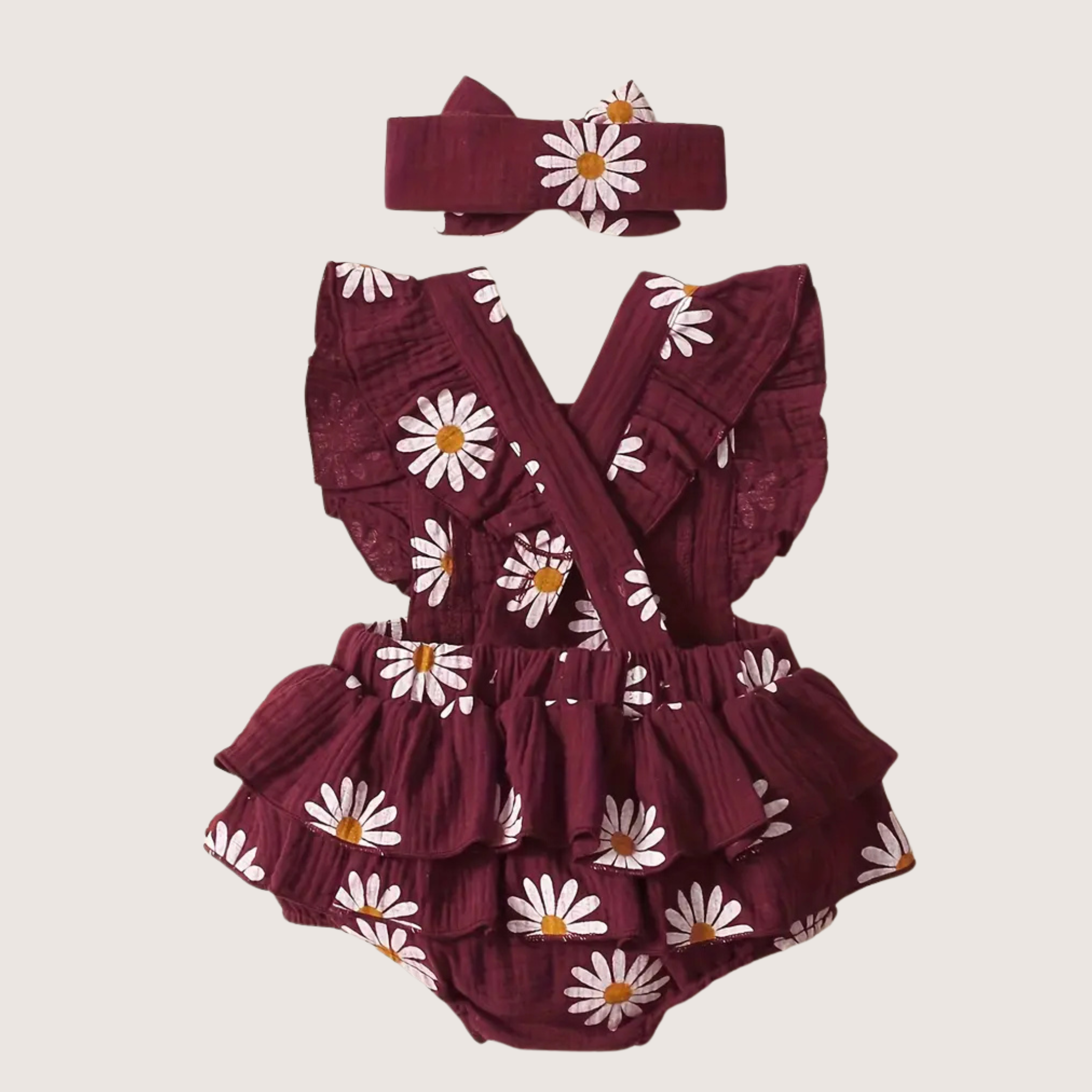 Brown Bark Daisy Romper with Headscarf