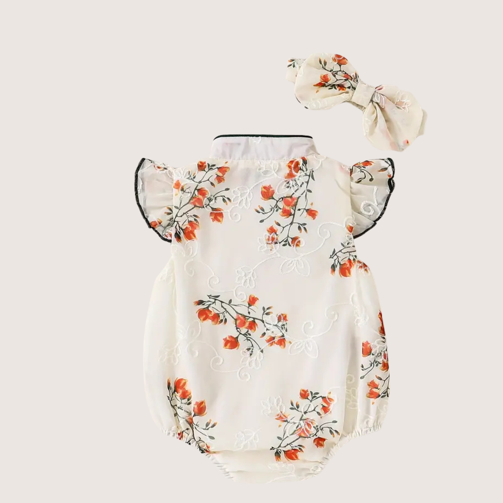 Baby Girl Embroidered Cheongsam Bodysuit with Headband – Floral Chinese Style Romper