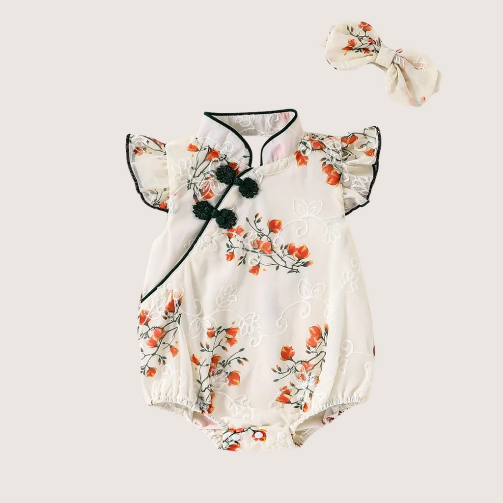 Baby Girl Embroidered Cheongsam Bodysuit with Headband – Floral Chinese Style Romper