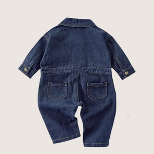 Autumn-Winter Unisex Denim Bodysuit – Long Sleeve, Solid Color, Turn-Down Collar