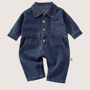 Autumn-Winter Unisex Denim Bodysuit – Long Sleeve, Solid Color, Turn-Down Collar