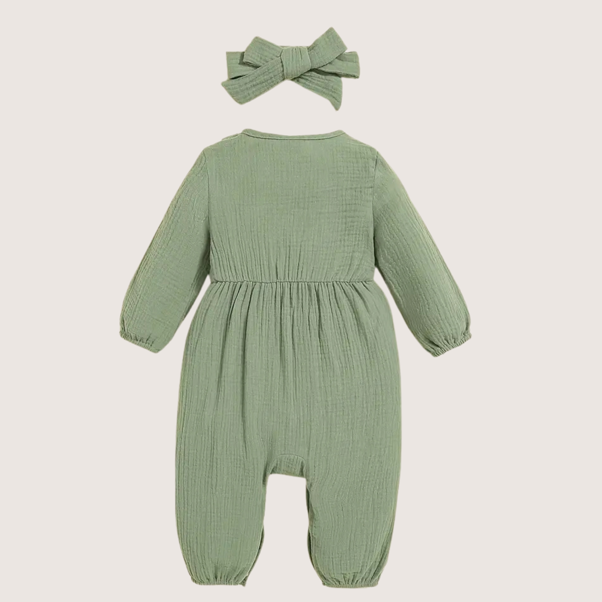 Back view of olive green baby girl romper with bow headband