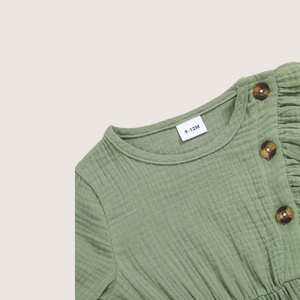 Button detail on olive green ruffled baby girl romper
