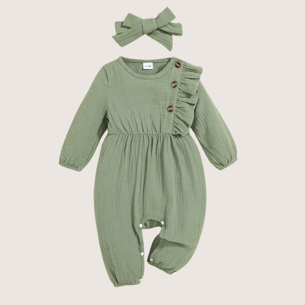 Front view of olive green ruffled baby girl romper with buttons and bow