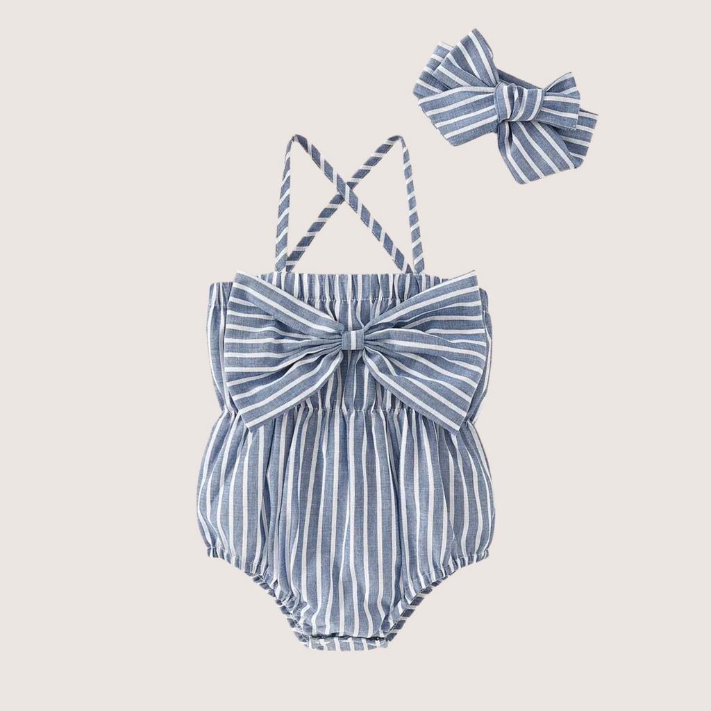 Baby Girl Striped Romper with Bow & Matching Headband – Summer Outfit for Infants & Toddlers